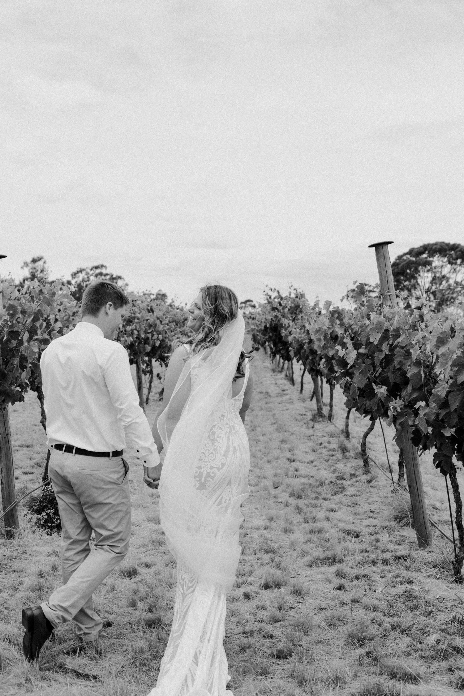 Black and white photo of couple walking through vineyard rows in wedding attire.