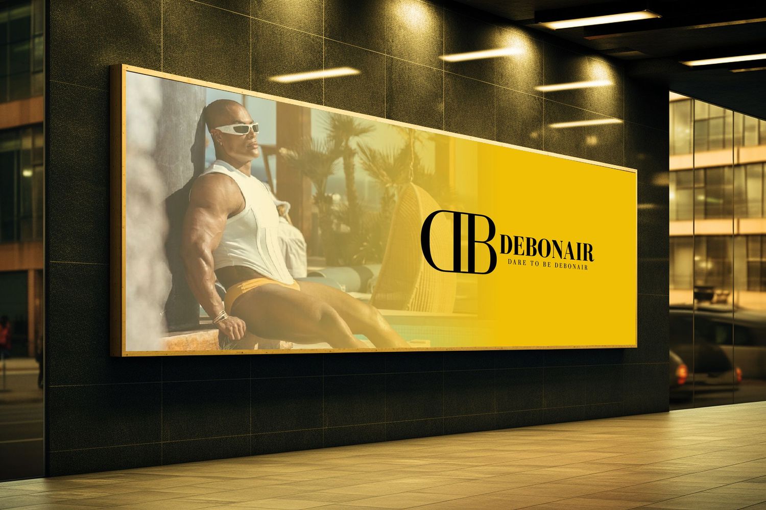 Large illuminated yellow fashion billboard displayed on modern building wall with dramatic evening lighting.