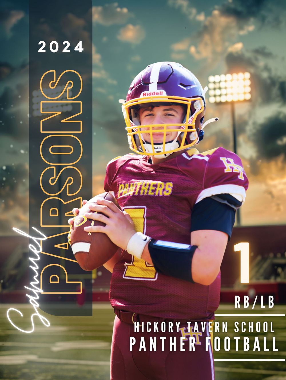High school football player in purple uniform poses for 2024 season photo with dramatic lighting.
