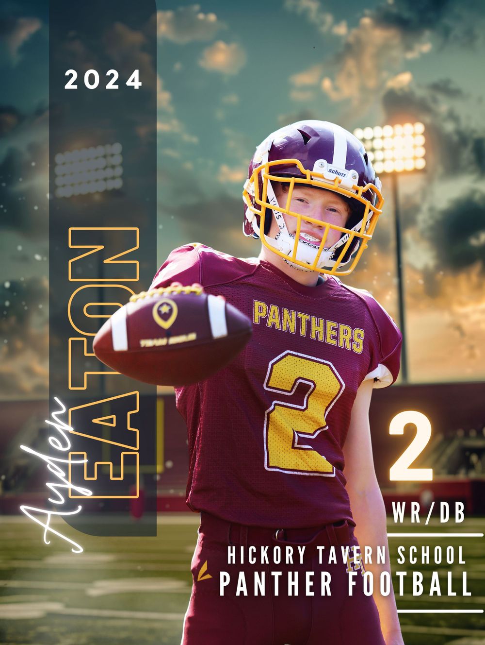 Football player in maroon Panthers uniform number 2 poses with ball against dramatic evening sky.