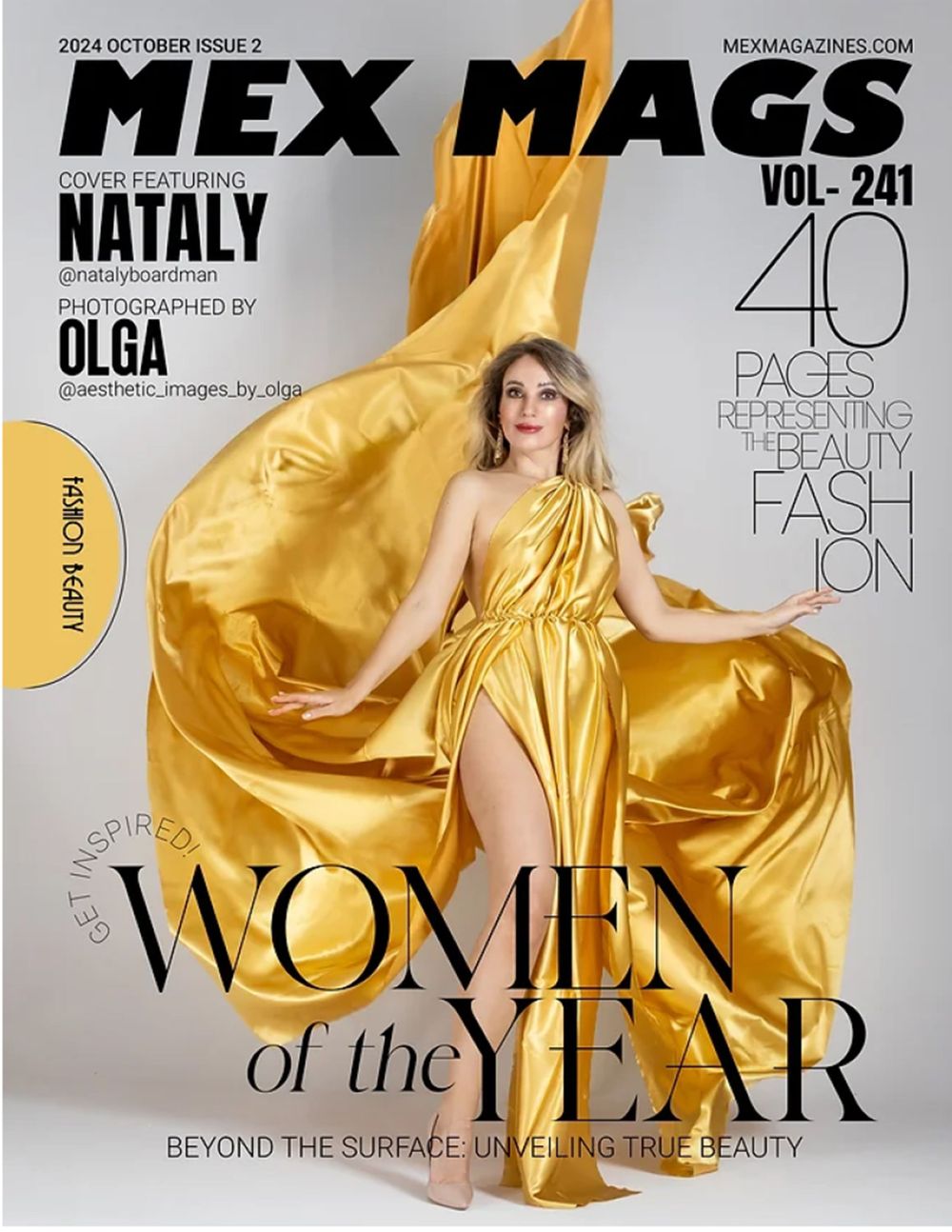 Fashion magazine cover featuring model in flowing gold dress against dark background.