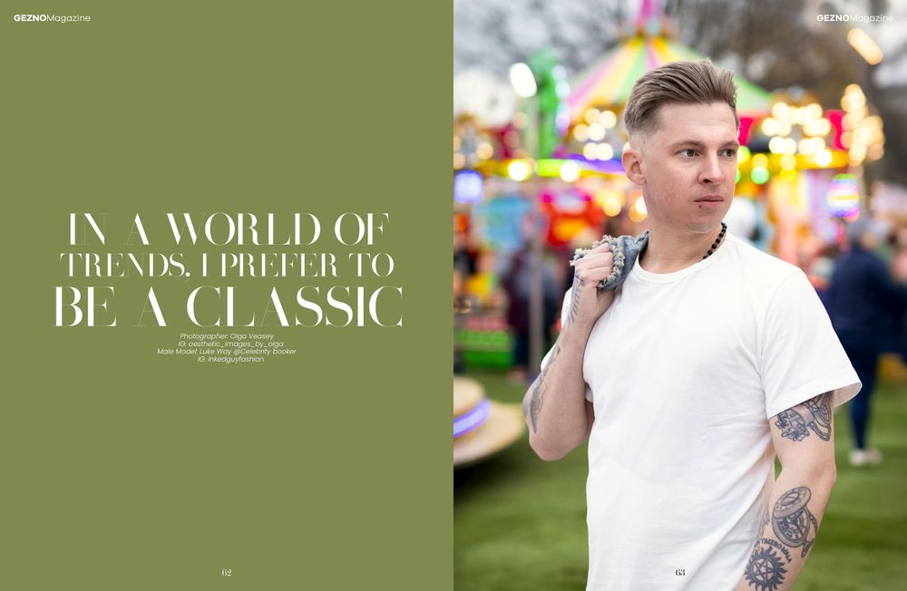 Editorial fashion spread with text overlay against a blurred carnival background.