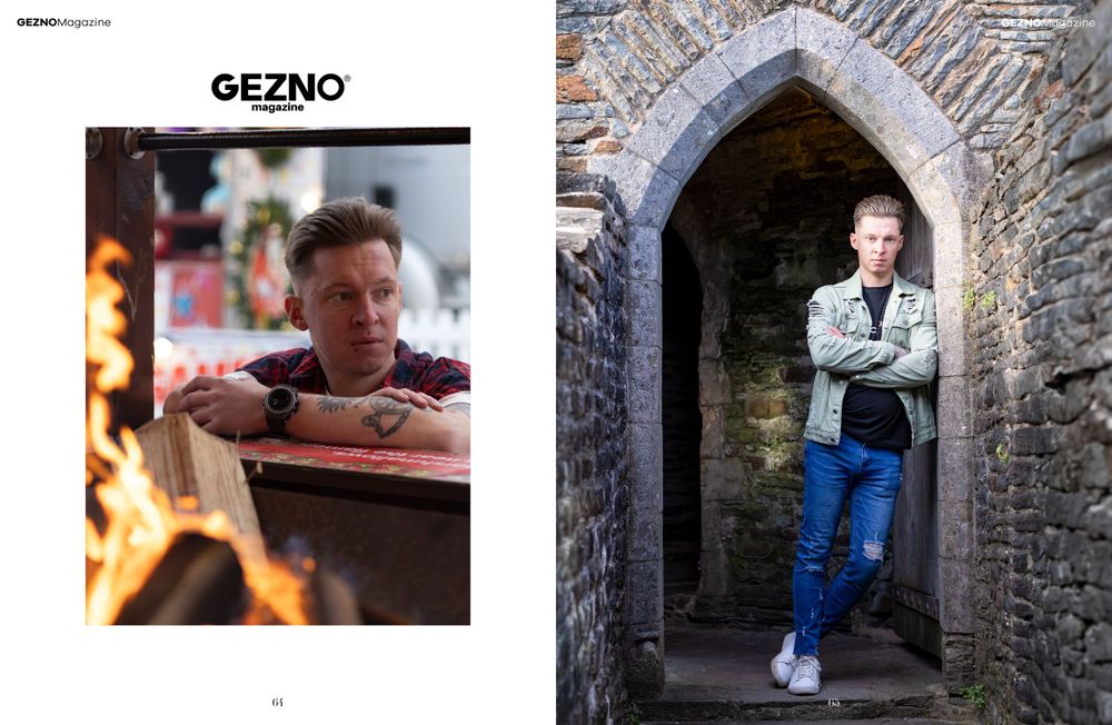 Magazine layout showing lifestyle portraits in urban and stone archway settings.