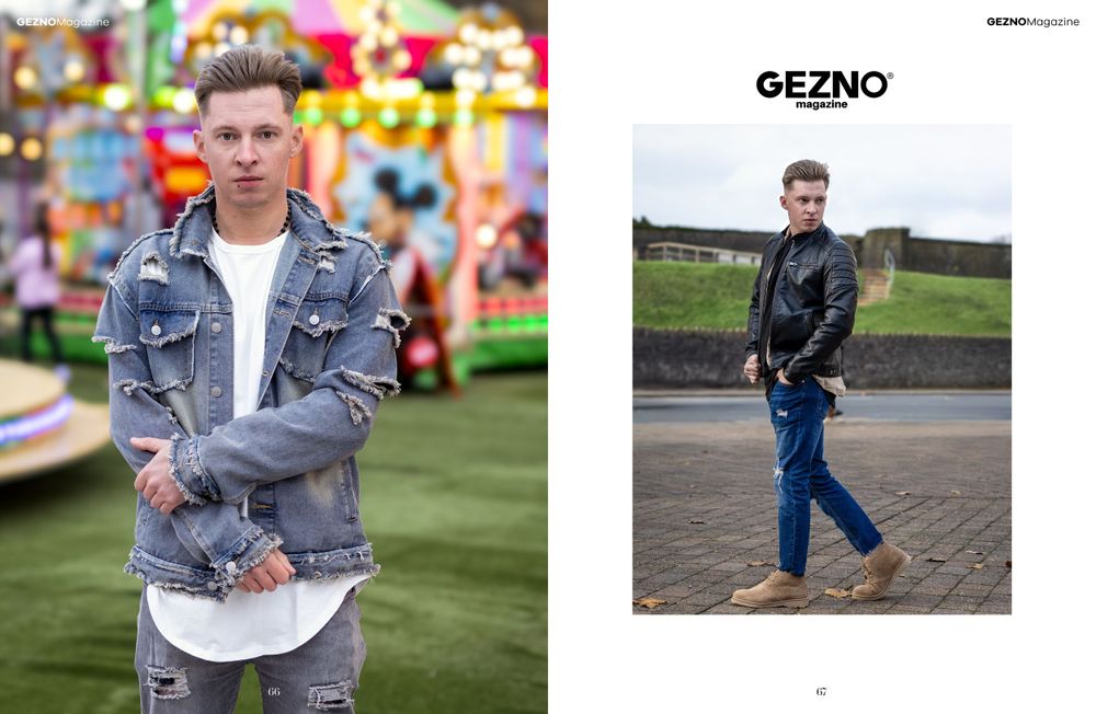 Two fashion portraits showing a person wearing denim jackets at different outdoor locations with casual styling. Men fashion photography