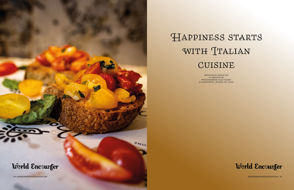 Italian cuisine inspired spread with text about happiness and food.