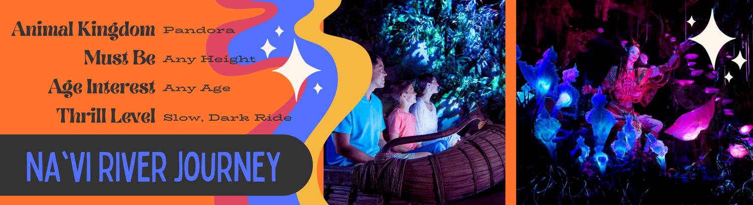 Colorful theme park attraction sign features blue and orange design elements with text 'Na'vi River Journey'.