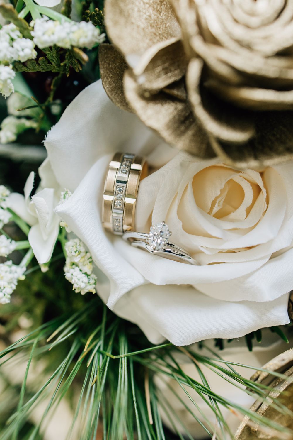 Diamond wedding rings nestled in soft white and cream roses with green pine accents.