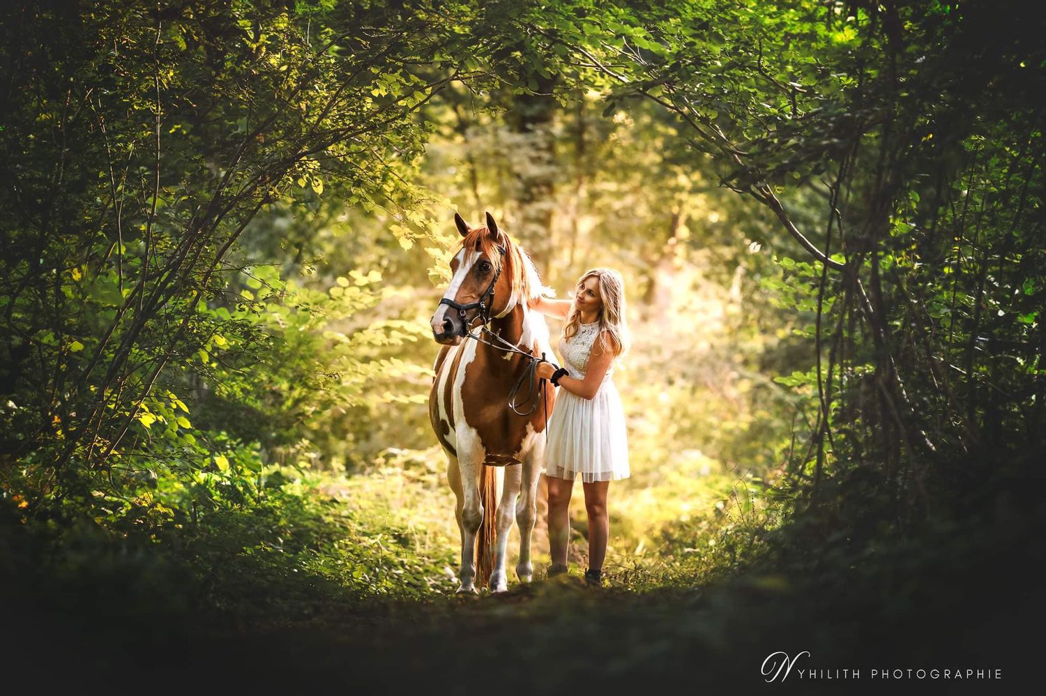 Photographe pour chevaux en Meuse en séance avec jument pie dans les bois avec sa propriétaire séance artistique près de Verdun
