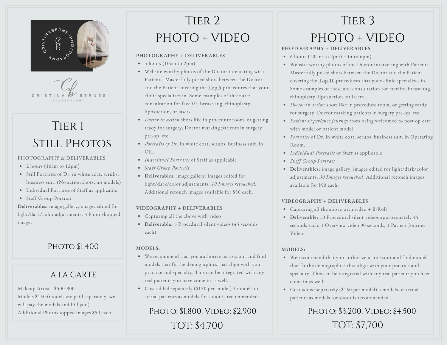 A pricing menu displaying three tiers of photo and video packages with service details.