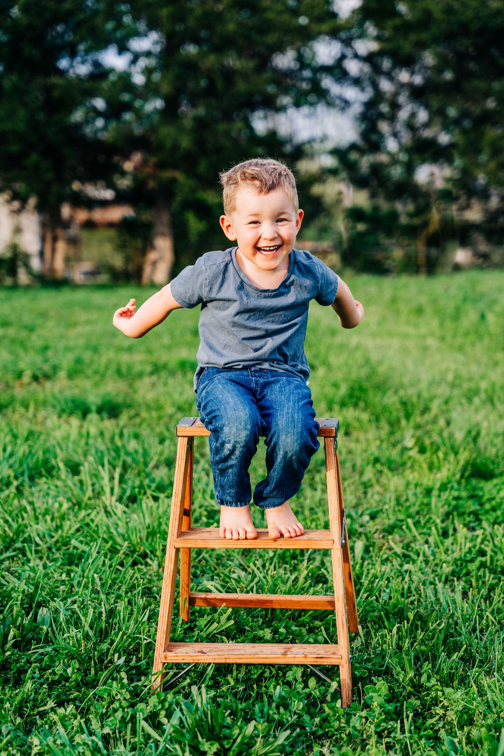 Photo of a young boy smiling and sitting on a ladder for a family portrait session by Dandridge children's photographer.