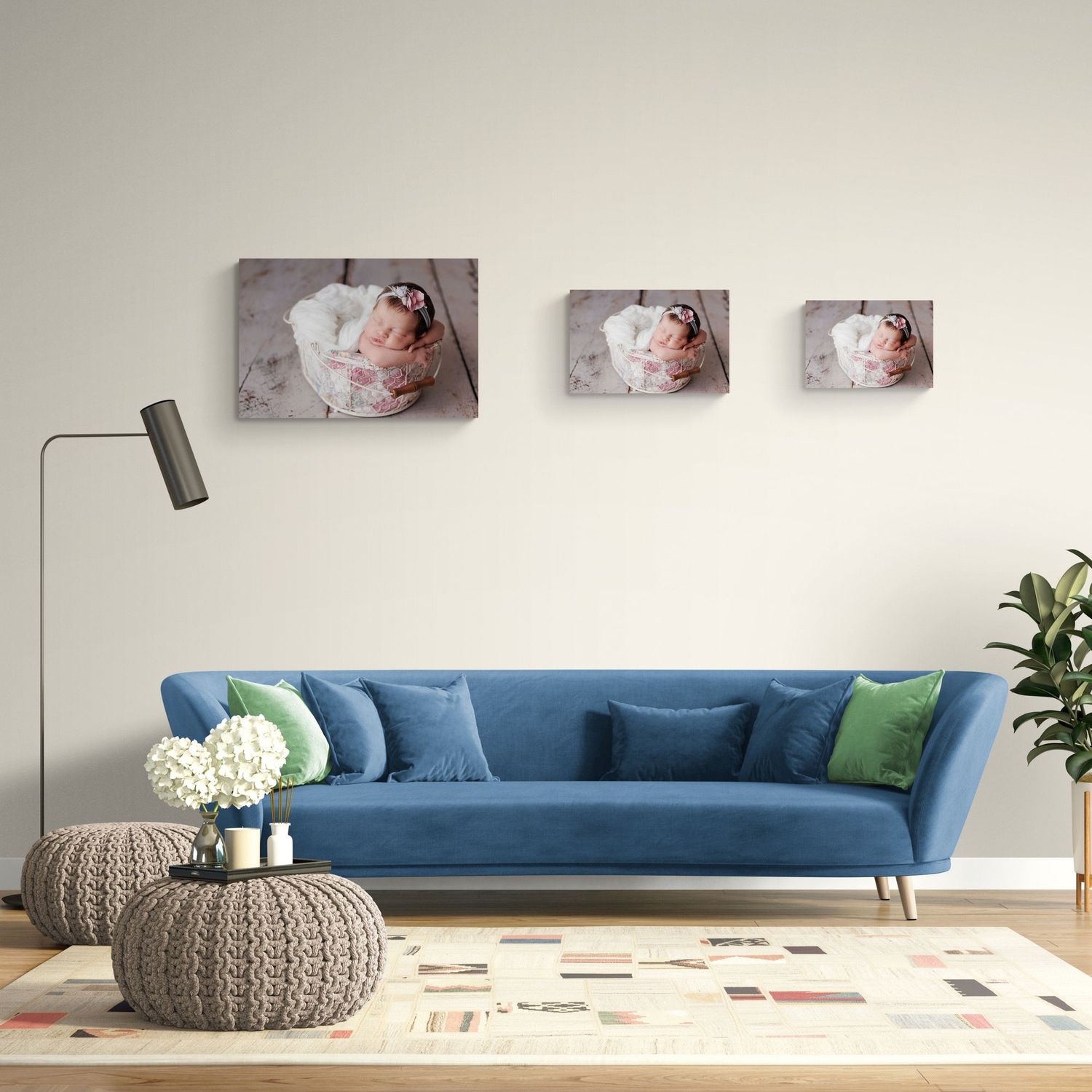 A cozy living room featuring a blue couch, a stylish rug, and a vibrant plant for a welcoming atmosphere.