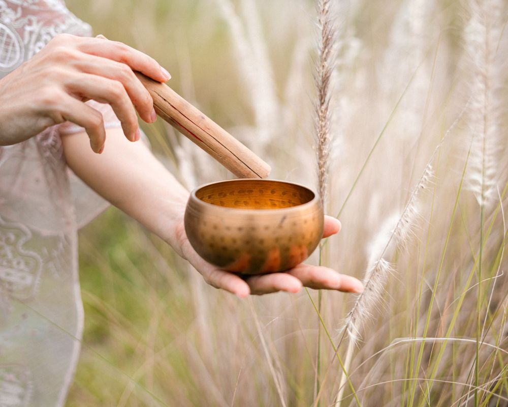 Hands holding wooden bowl among tall grass with soft sunlight filtering through.