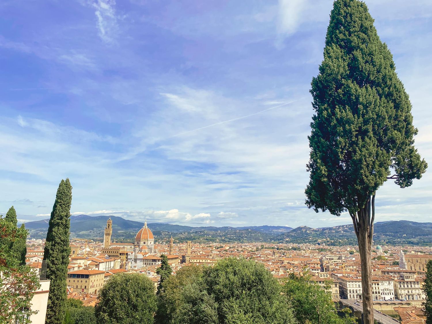A scenic view of Florence, Italy skyline with the iconic Duomo cathedral dome and cypress trees in the foreground against blue sky.