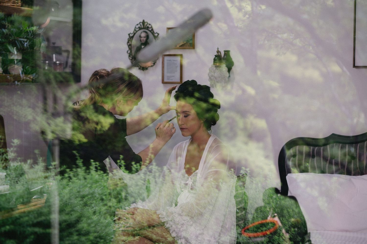 An artistic double exposure photograph showing wedding preparation moments.