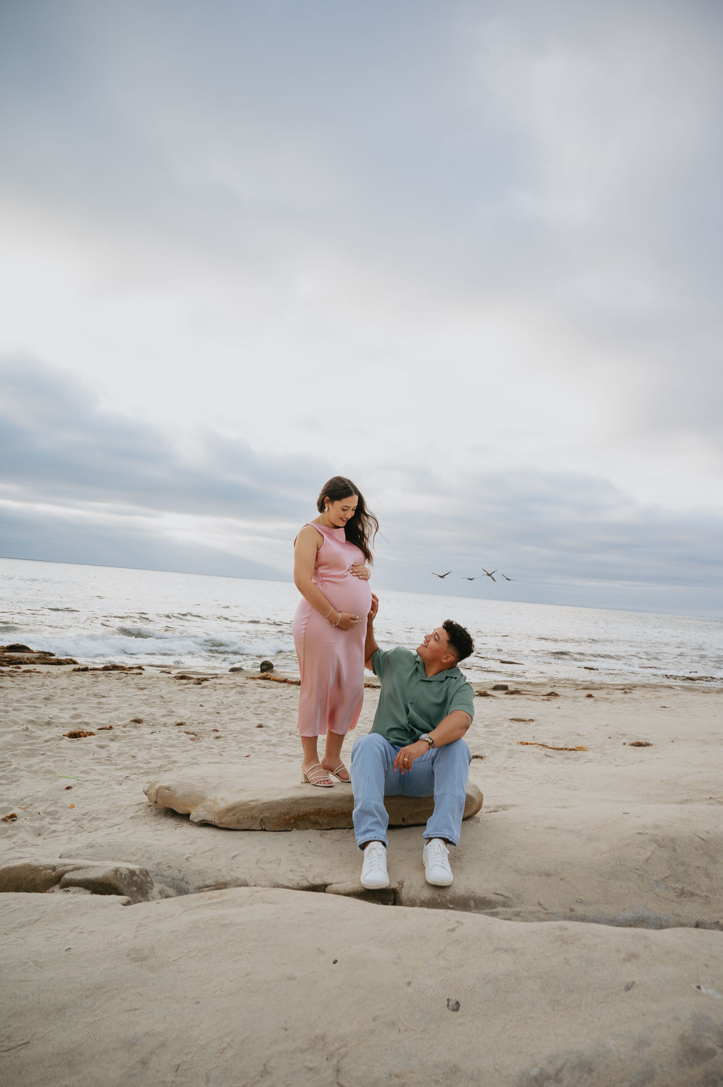Beach maternity session, pink dress, La Jolla beach