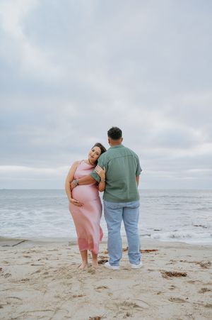 Beach maternity session, pink dress, La Jolla beach