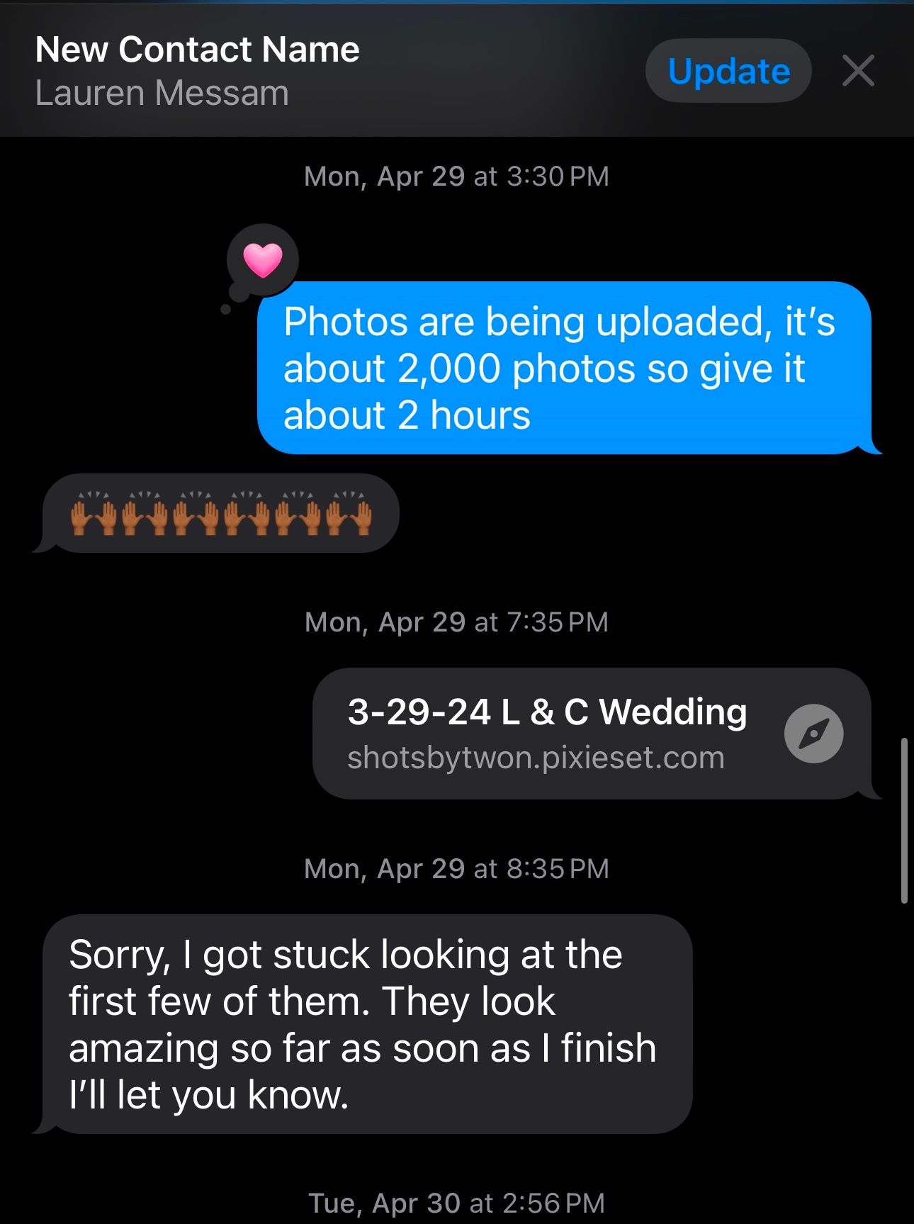 Text message conversation about uploading wedding photos with status updates.
