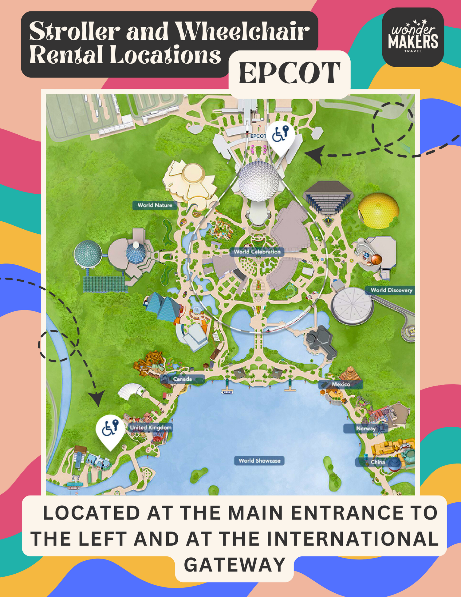 A colorful theme park map showing Epcot's rental locations for strollers and wheelchairs with pathway markings.