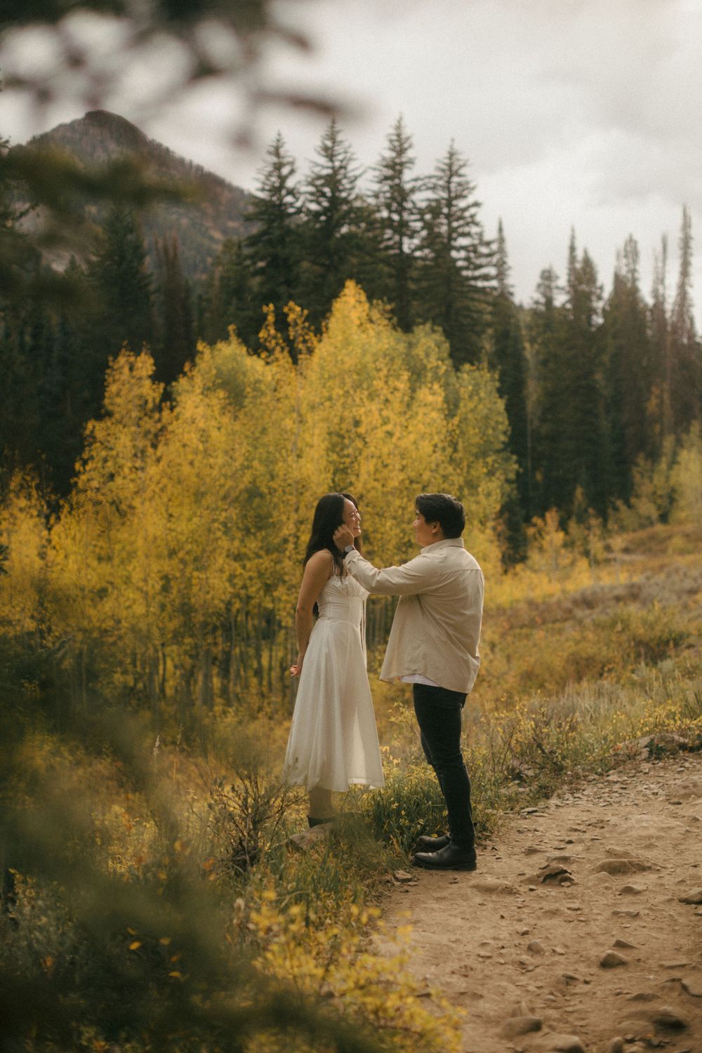 Romantic engagement session at Jordan Pines near Donut Falls in Big Cottonwood Canyon, captured by Utah wedding photographer Julia Fay Photo
