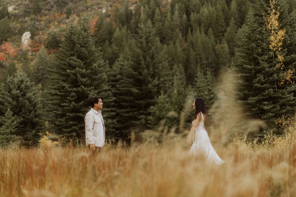 Romantic engagement session at Jordan Pines near Donut Falls in Big Cottonwood Canyon, captured by Utah wedding photographer Julia Fay Photo