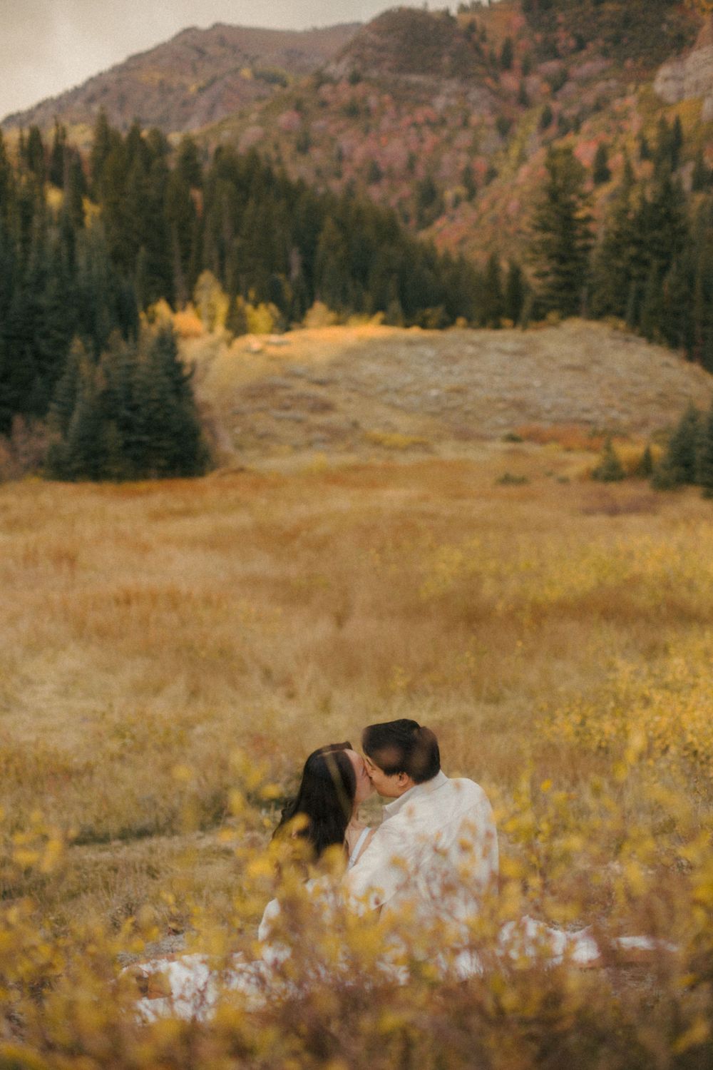Romantic engagement session at Jordan Pines near Donut Falls in Big Cottonwood Canyon, captured by Utah wedding photographer Julia Fay Photo