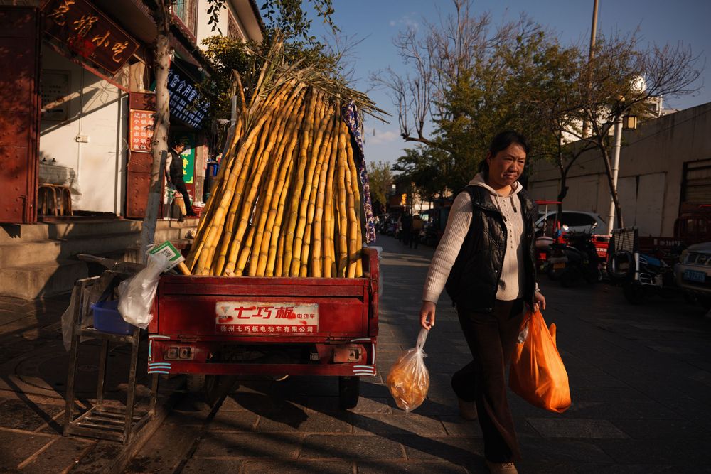 A truck loaded with sugarcane sits parked on a street while someone walks by carrying shopping bags.