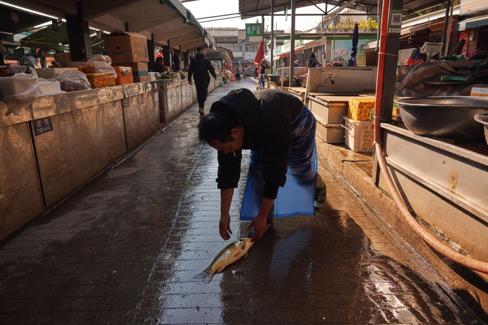 Person cleaning the wet floor of an indoor market corridor with water and a brush.