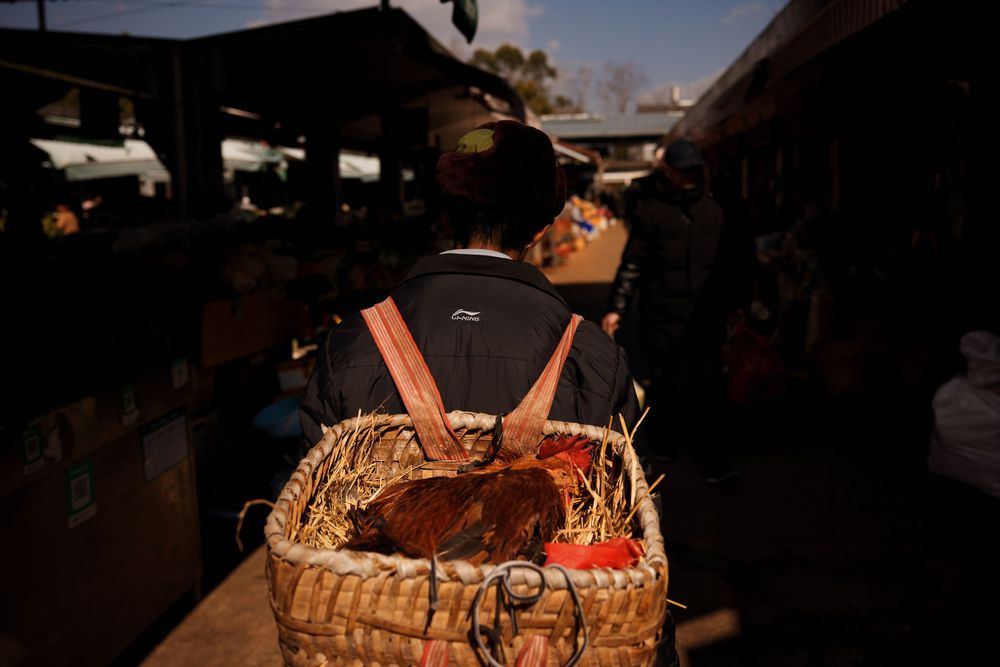A woven basket filled with straw sits on a wooden table at an outdoor market during sunset.