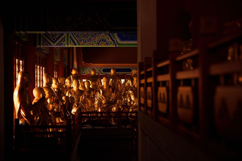Rows of illuminated golden statues glow warmly in a dimly lit Buddhist temple at night.