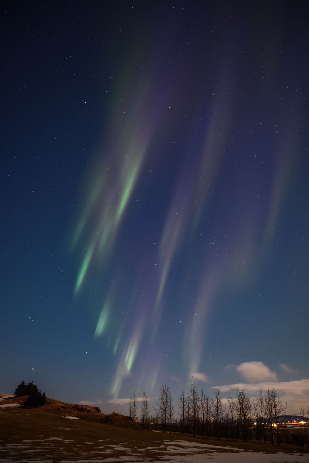 Vibrant green and purple aurora borealis dancing across a dark night sky.