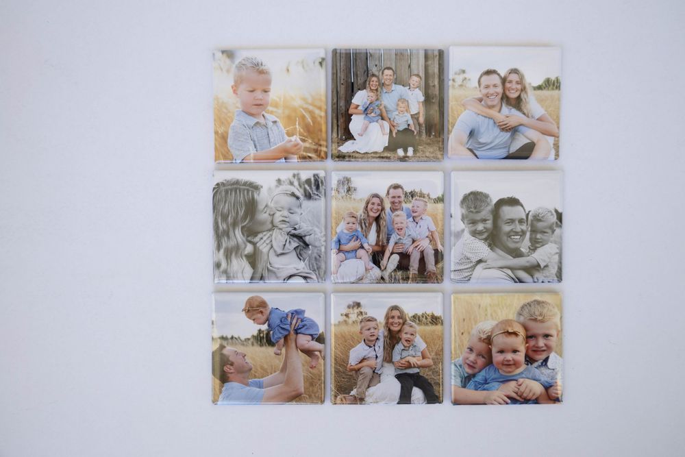Nine square photo magnets arranged in a grid featuring family portrait photos.