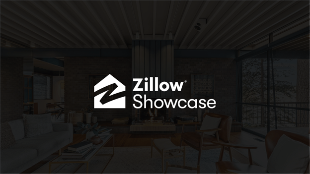 Zillow Showcase logo displayed in white text against a dark background with blurred interior room setting.
