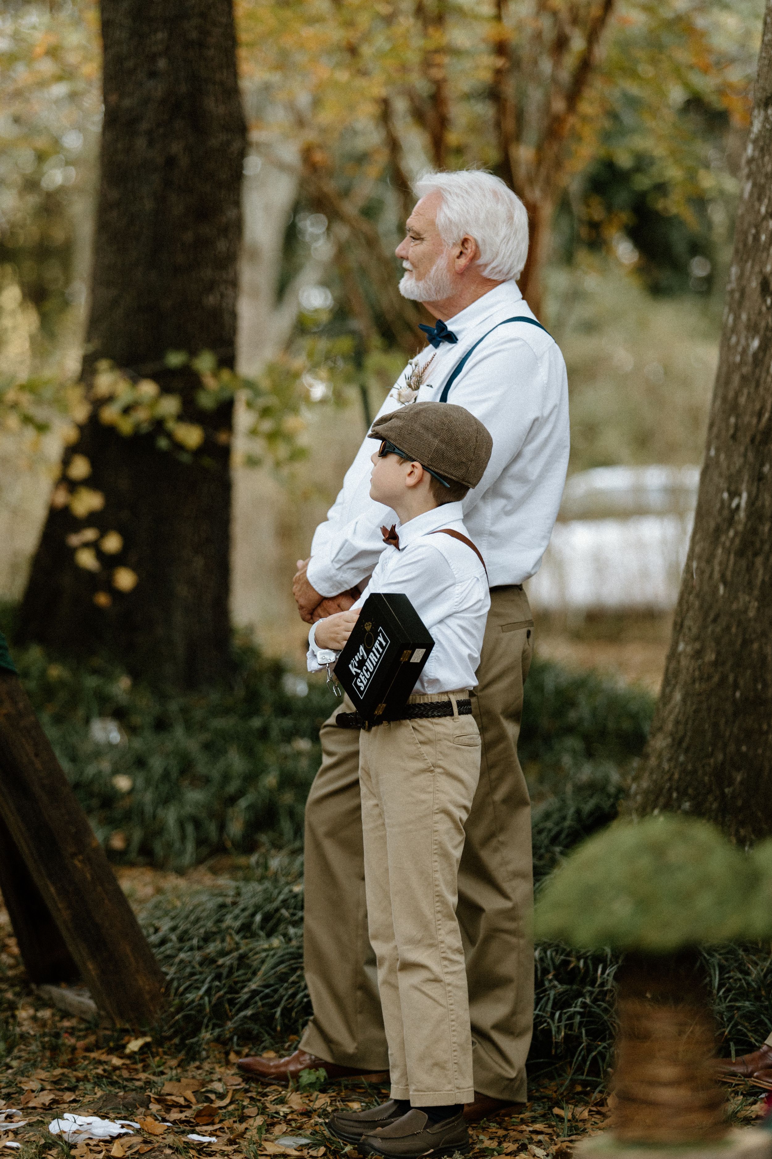 A series of photos showing a father in khaki shorts and white shirt standing thoughtfully in a wooded outdoor setting with ring bear.
