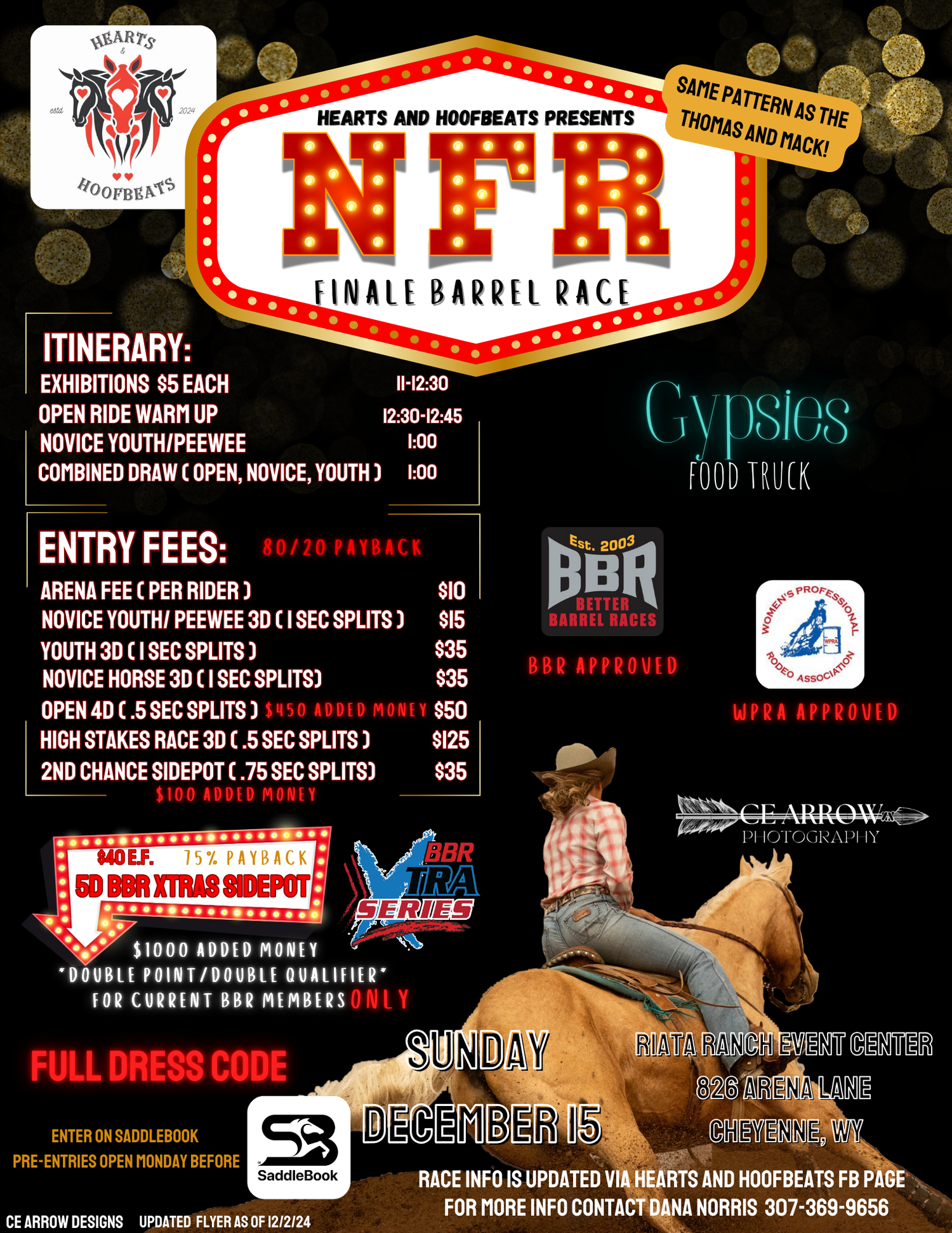 Event flyer for NFR Finals Barrel Race competition with entry fees and schedule details.