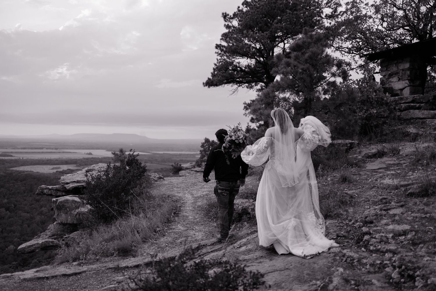 petit jean wedding bride and groom sunset black and white