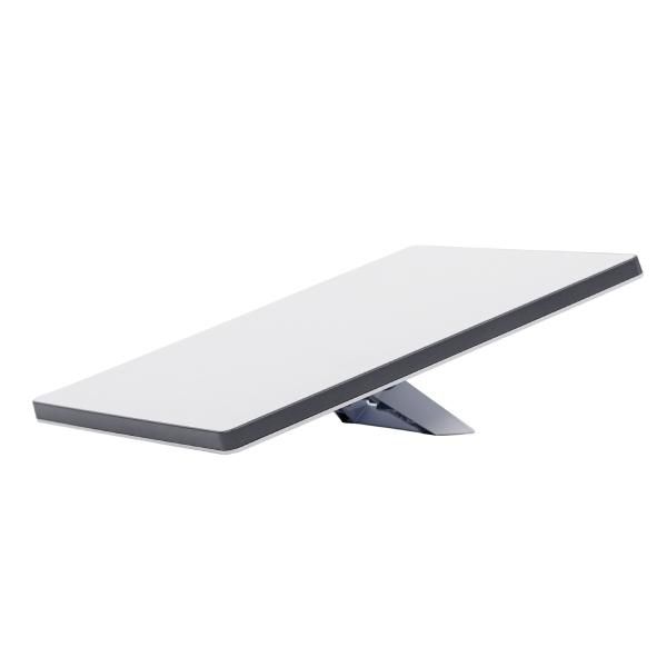 Modern white laptop stand with sleek minimalist design and adjustable gray support base.