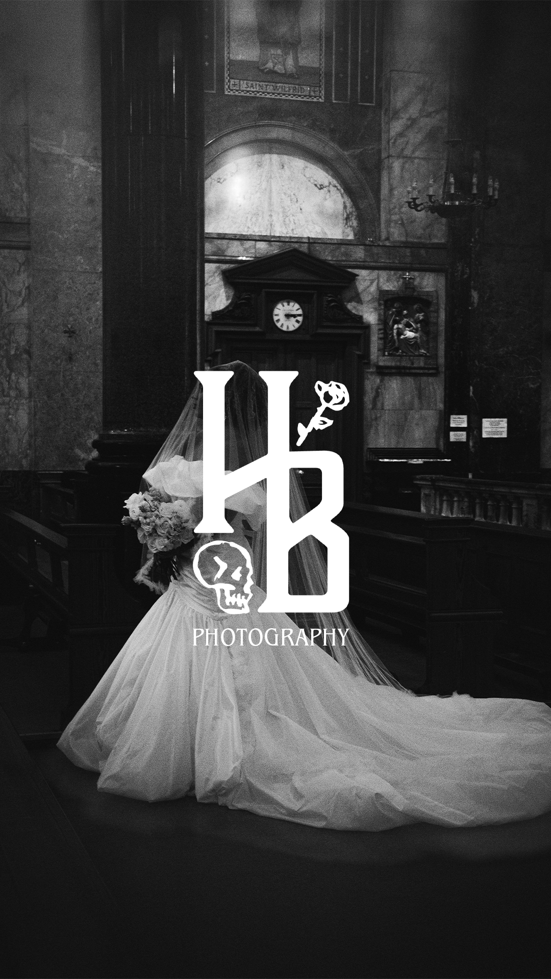 church wedding photography, black and white portraits, dramatic wedding photography, documentary style with logo for hells belles photograph