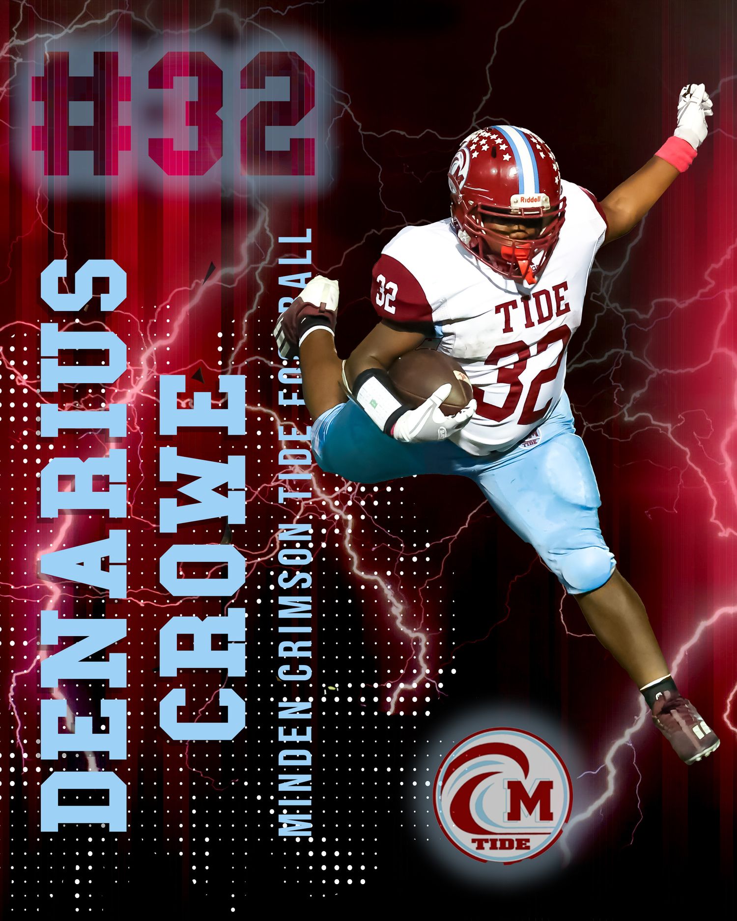 Dynamic sports poster design featuring a red and white uniformed football player number 32 against an electric red background.