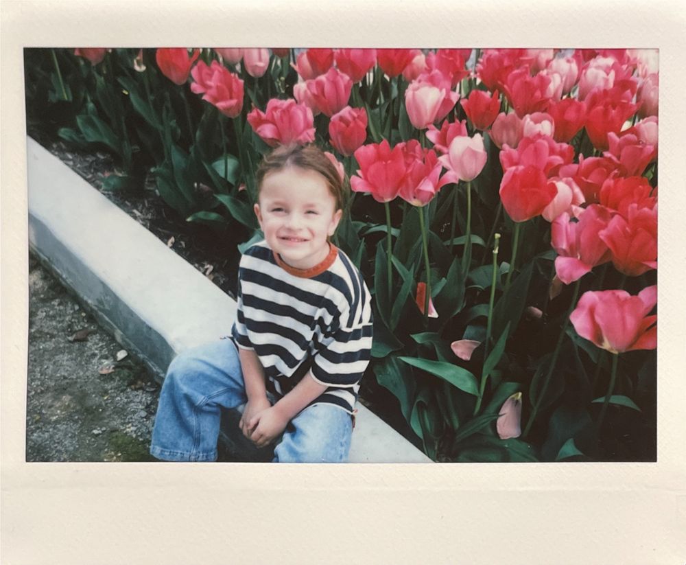 A striped shirt and jeans next to vibrant pink tulips in a garden setting.