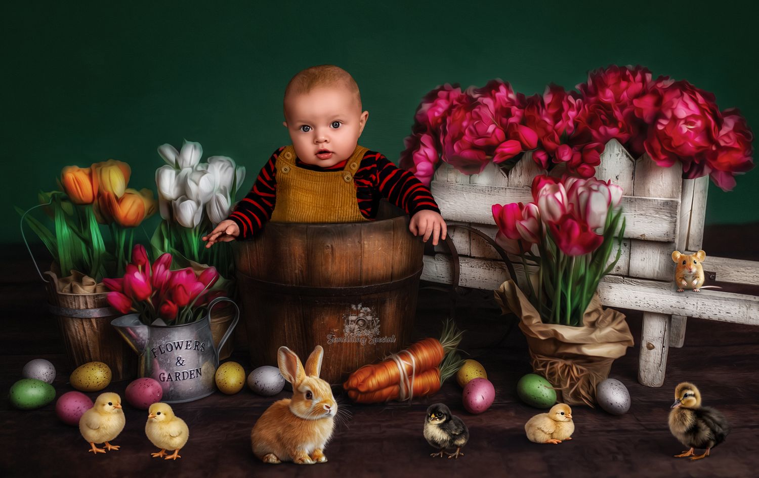 Spring themed studio setup with tulips, wooden barrel, rustic bench, bunnies, carrots and baby chicks on dark background.