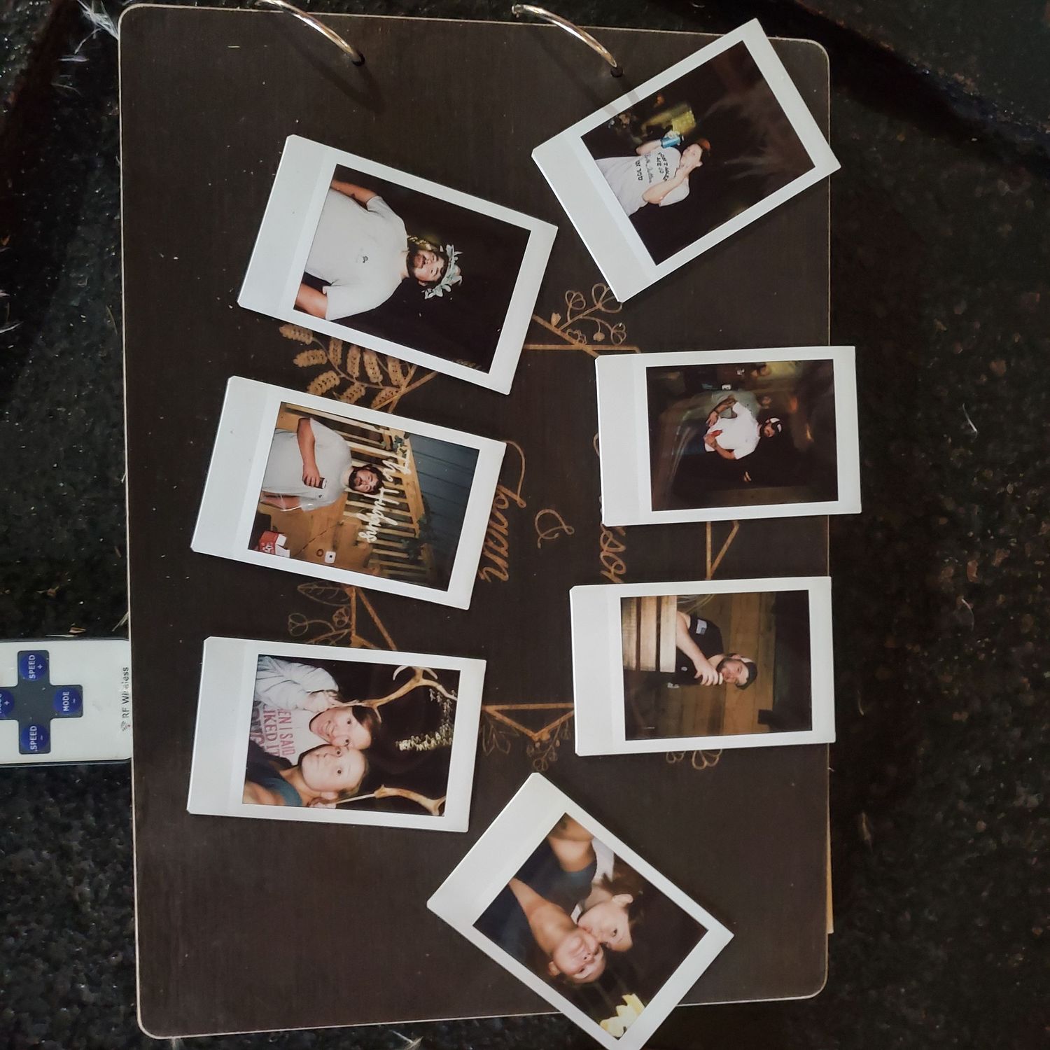 Multiple vintage-style polaroid photographs arranged in an artistic layout on a dark background.