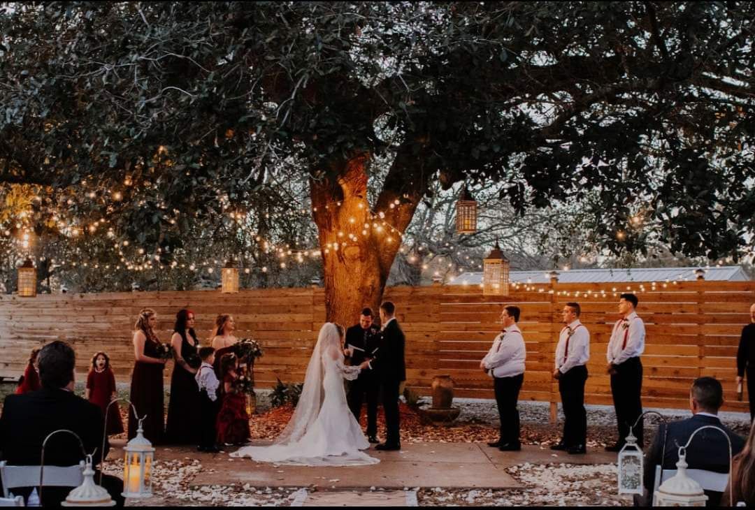 A panoramic collage of an outdoor wedding ceremony at dusk with string lights illuminating a rustic wooden venue.