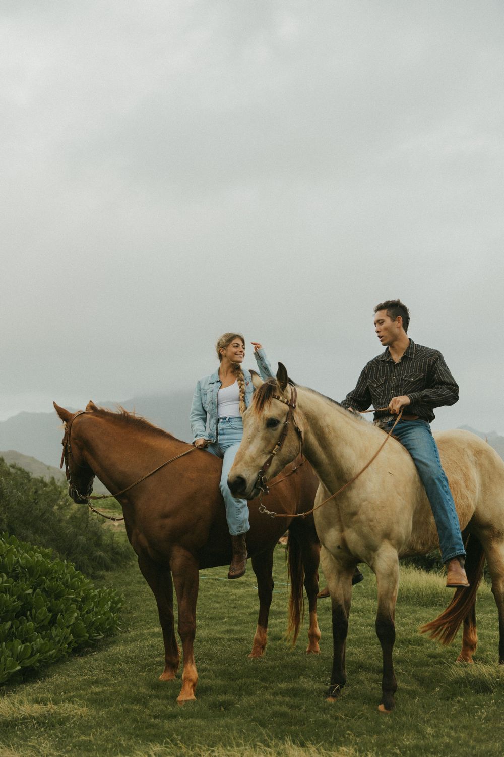 Three horses and riders resting on a grassy hillside with dramatic coastal scenery.