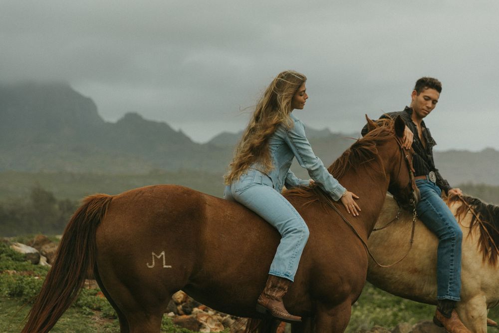 Horses grazing on a scenic coastal hillside with mountains and ocean in the background.
