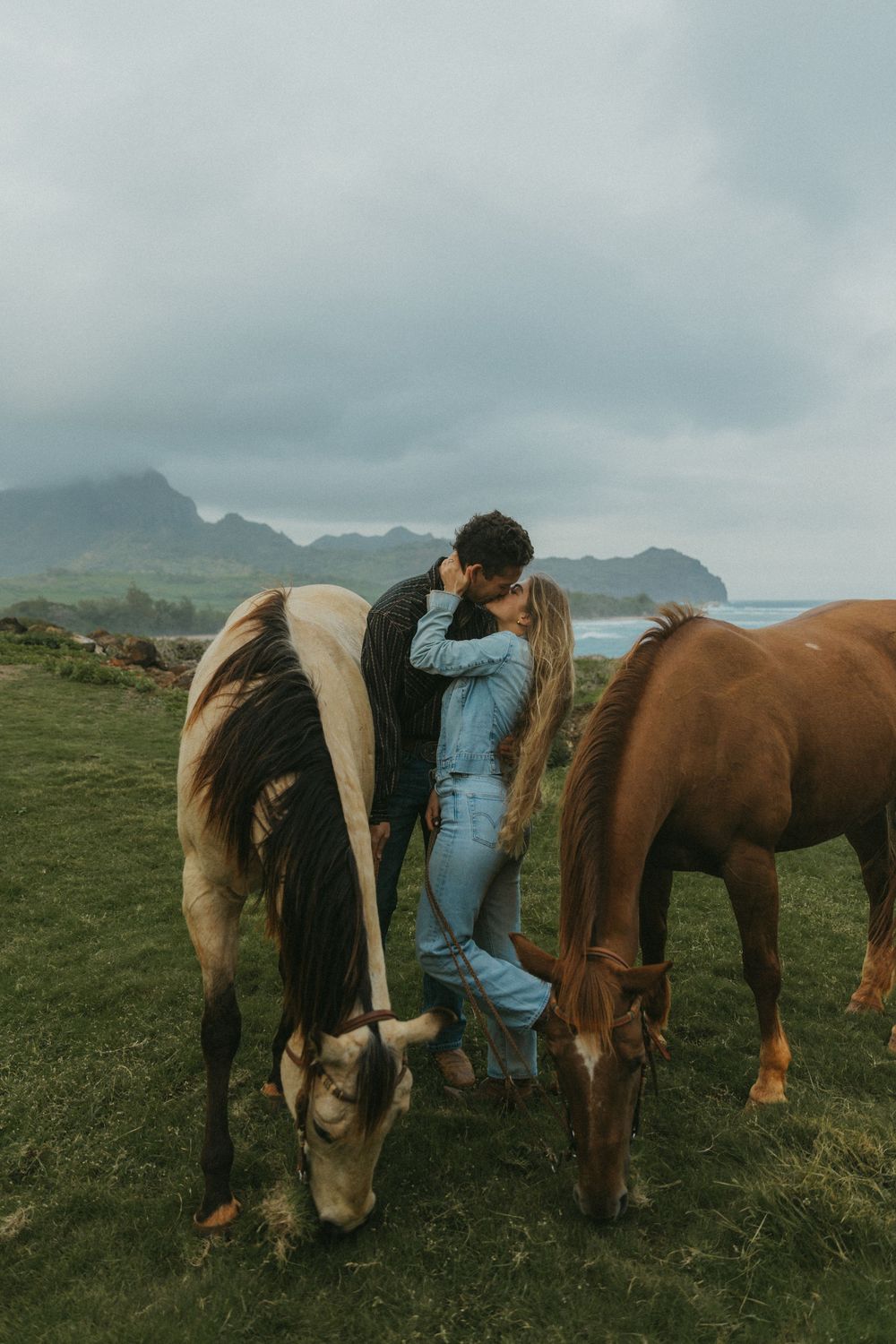 Horses grazing on hillside while people stand between them on coastal grassland.