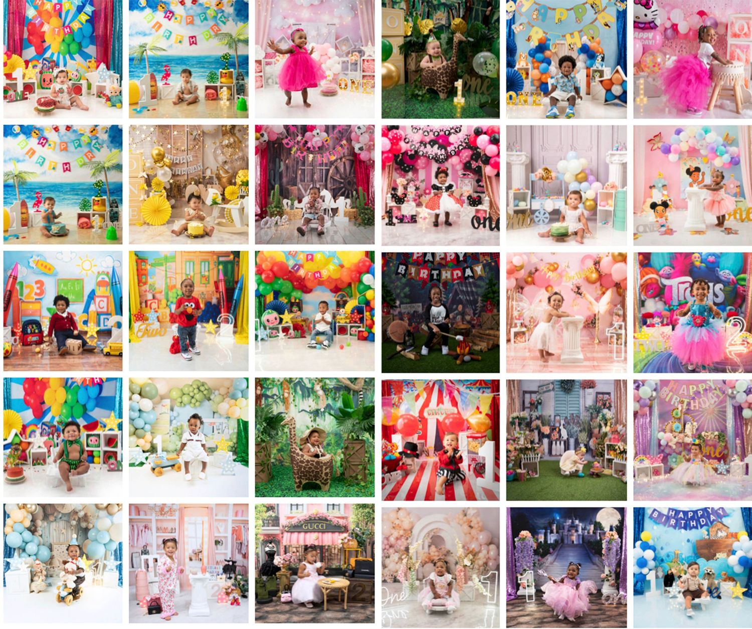 A collage grid of colorful party and celebration themed photos featuring decorations, balloons, and festive settings.