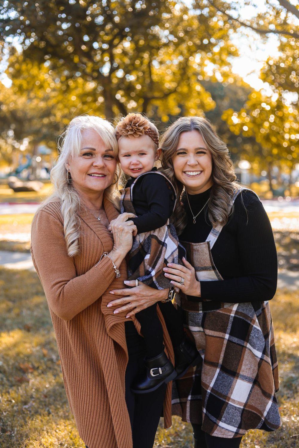 A family shares joyful moments together in a series of candid photos during golden hour in an autumn setting.