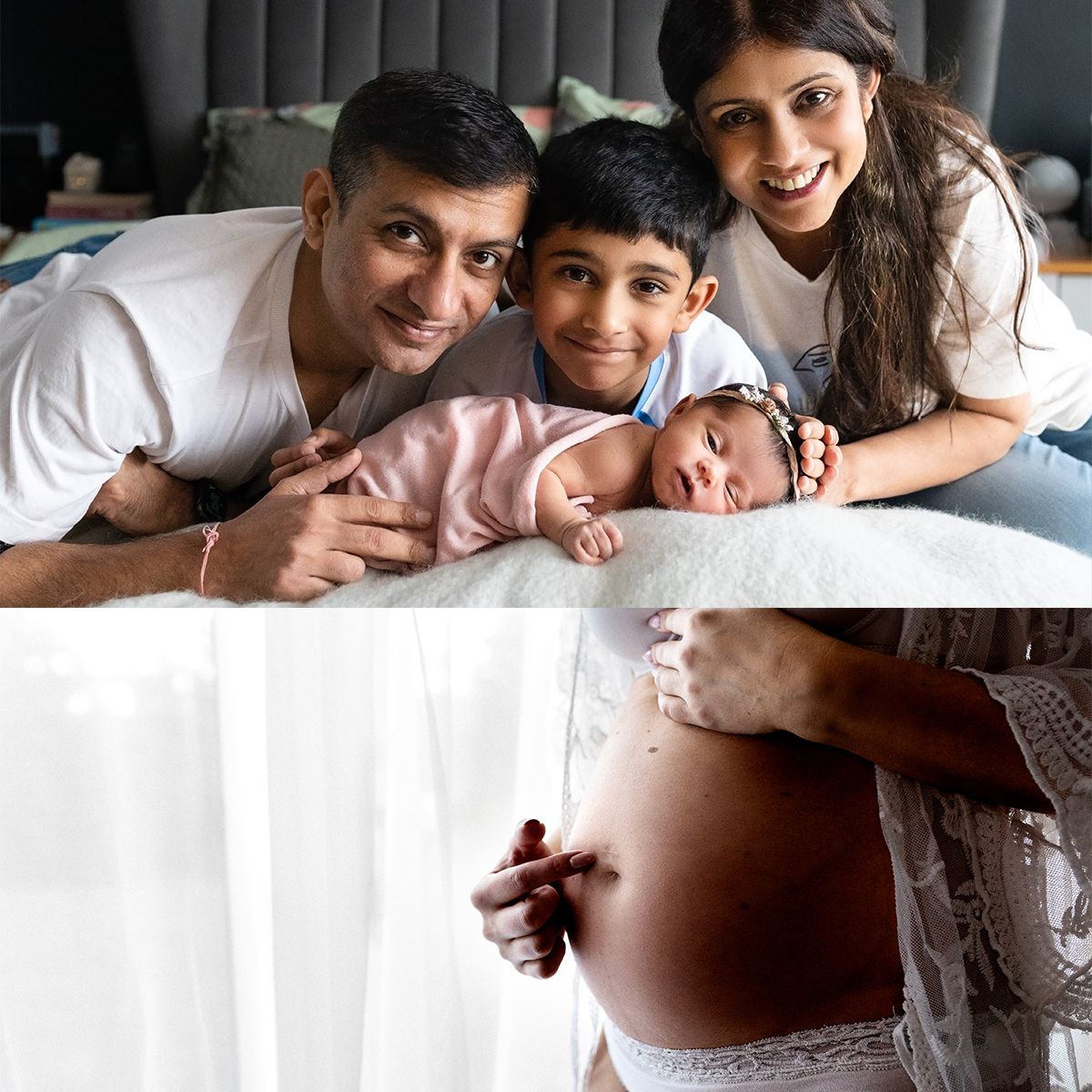 Artistic maternity photo series showing woman wrapped in white fabric posing near window in natural light.