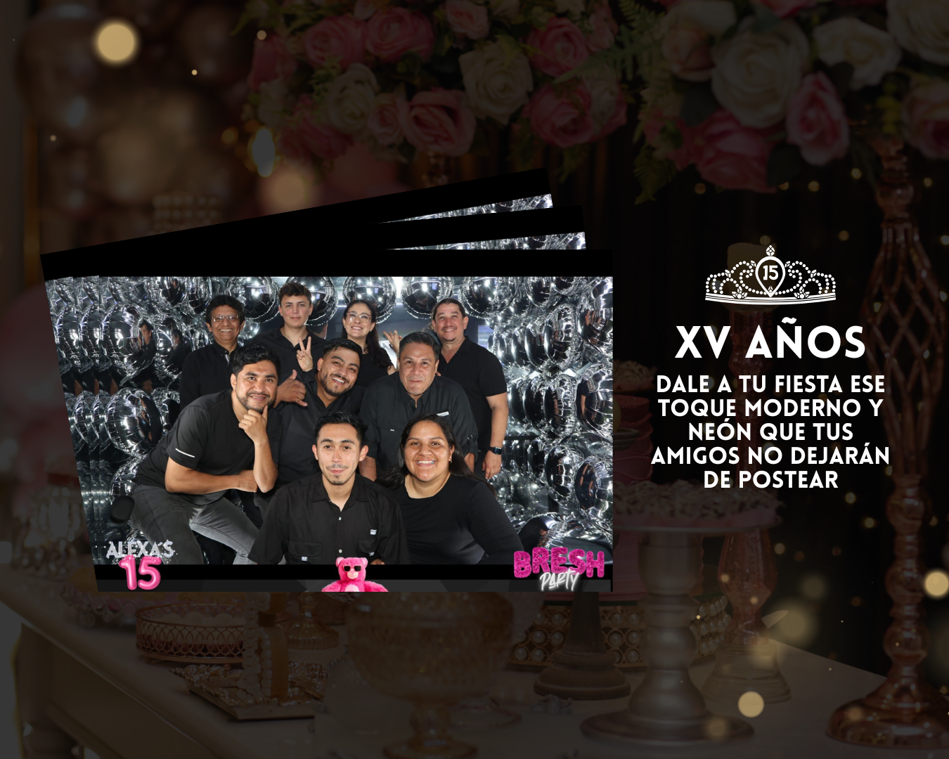 Cabina espejada para XV años en Guatemala con fotos premium y fondo brillante