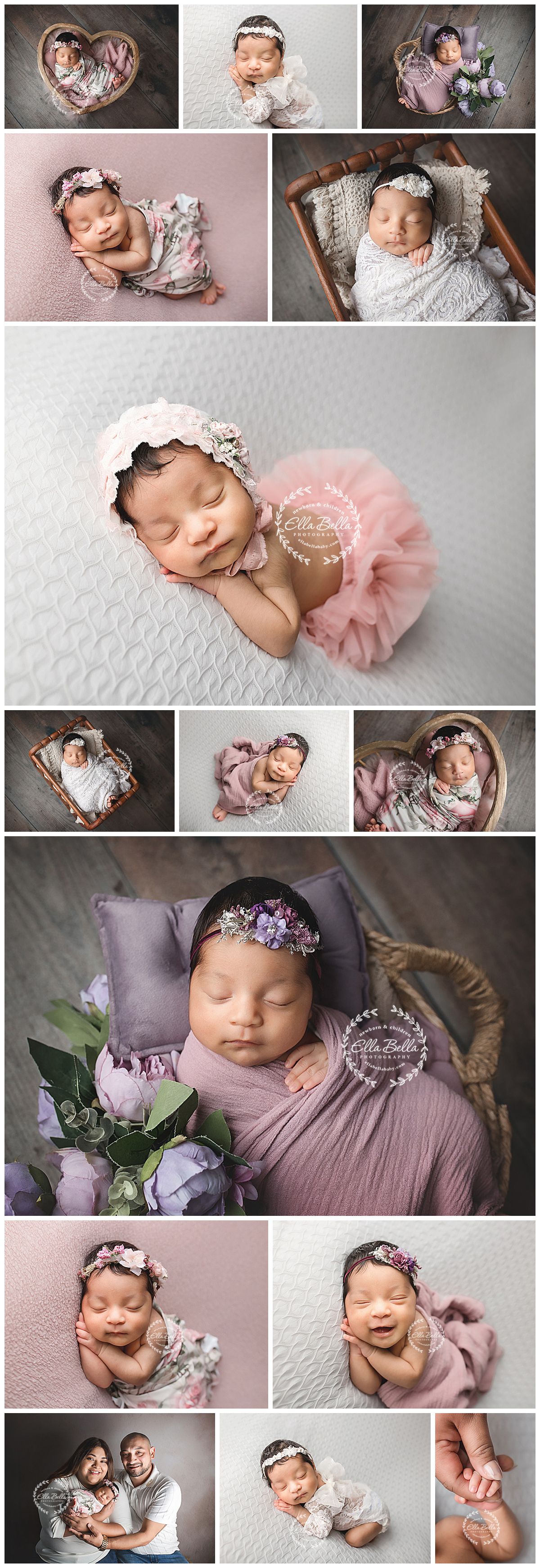 Newborn photography session featuring delicate poses with pink and purple floral accessories on soft textured backgrounds.